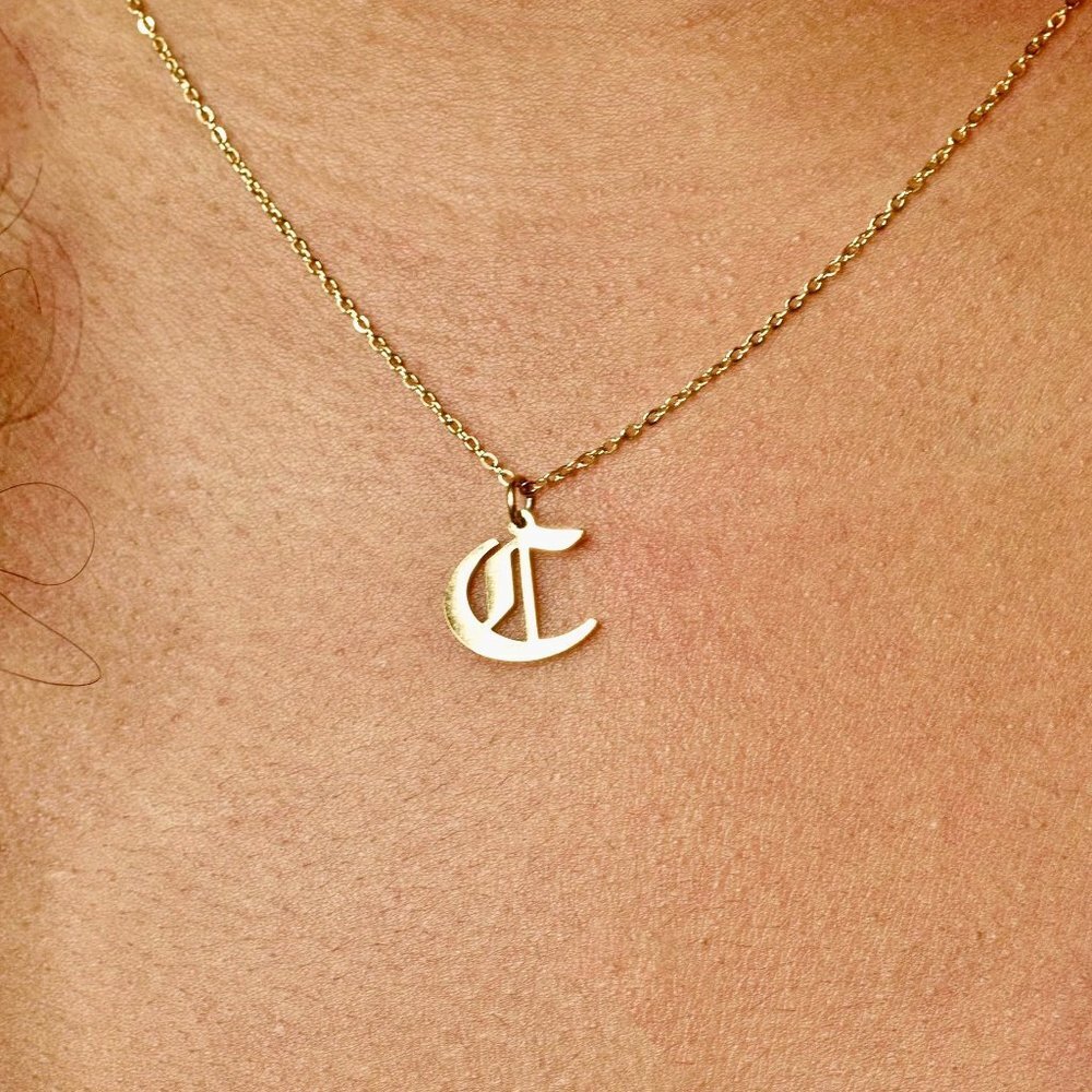 Gold Old English Initial Necklace - Letter C - Picture 2 of 3